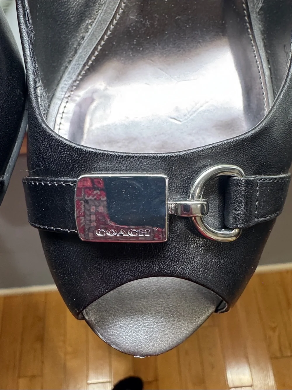 Coach Black Leather Peep-Toe Heels with Signature Buckle